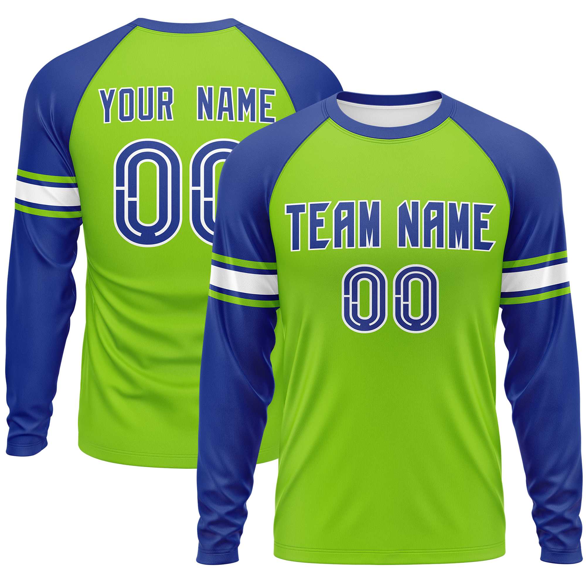 Custom Neon Green Royal White Crew Neck Personalized Raglan Long Sleeve Performance T-shirt