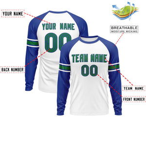 Custom White Royal Kelly Green Crew Neck Personalized Raglan Long Sleeve Performance T-shirt