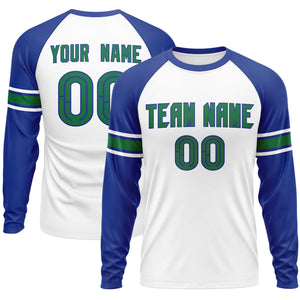 Custom White Royal Kelly Green Crew Neck Personalized Raglan Long Sleeve Performance T-shirt