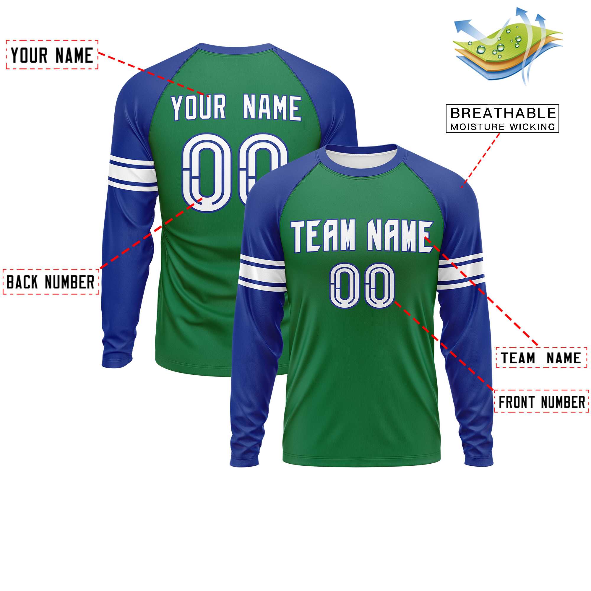 Custom Kelly Green Royal White Crew Neck Personalized Raglan Long Sleeve Performance T-shirt