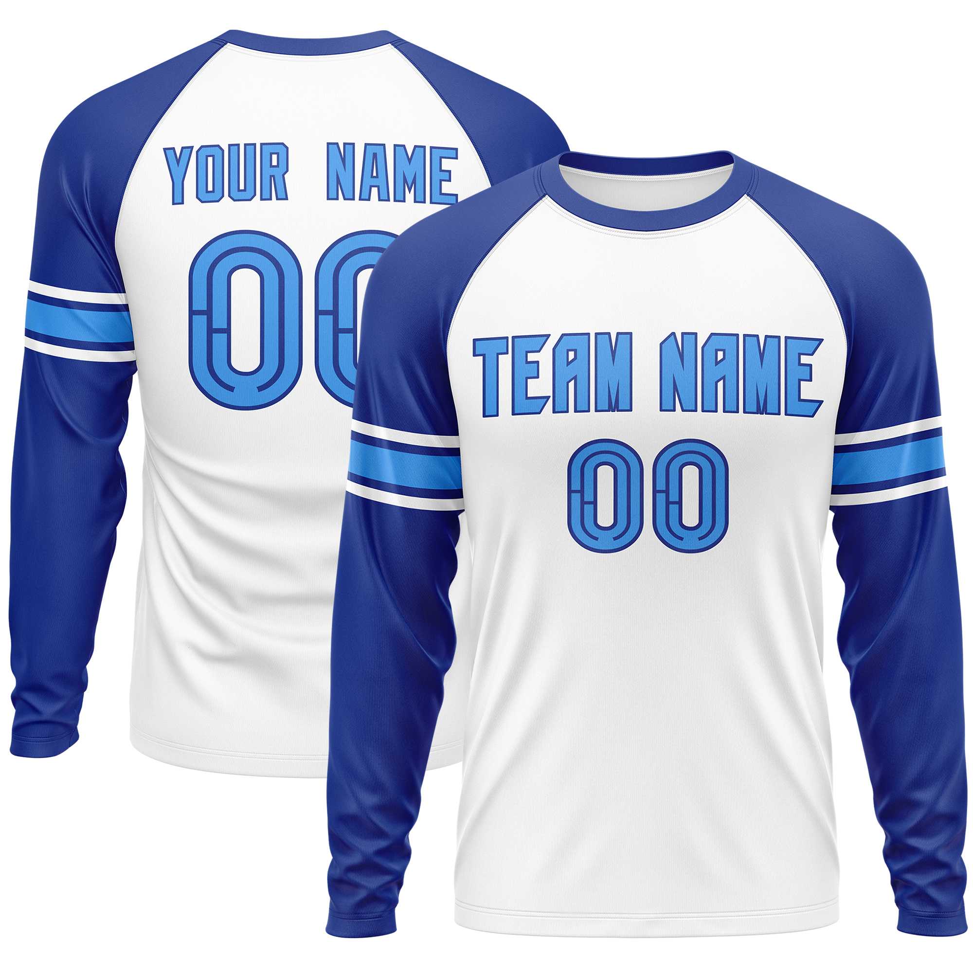 Custom White Royal Powder Blue Crew Neck Personalized Raglan Long Sleeve Performance T-shirt