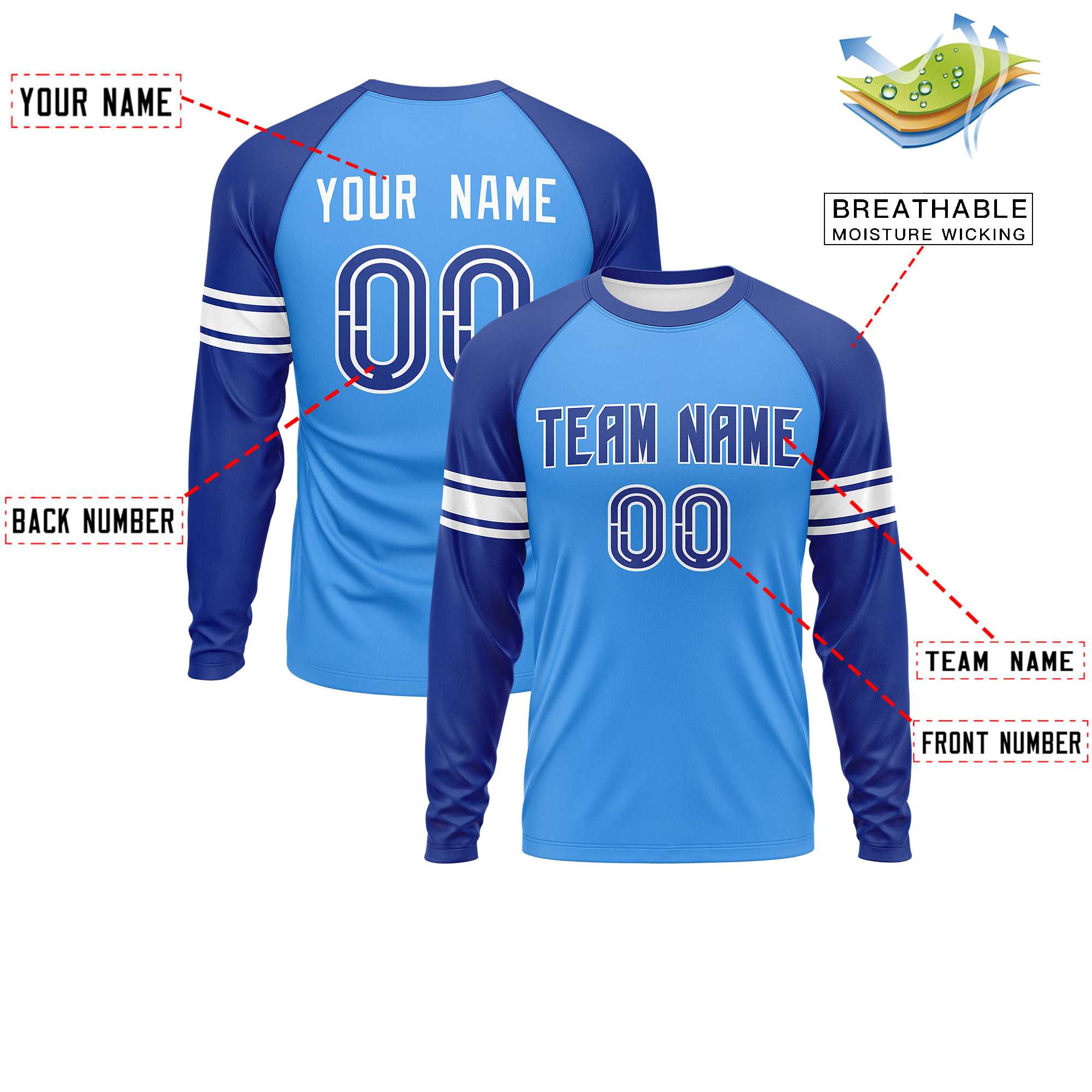 Custom Powder Blue Royal White Crew Neck Personalized Raglan Long Sleeve Performance T-shirt