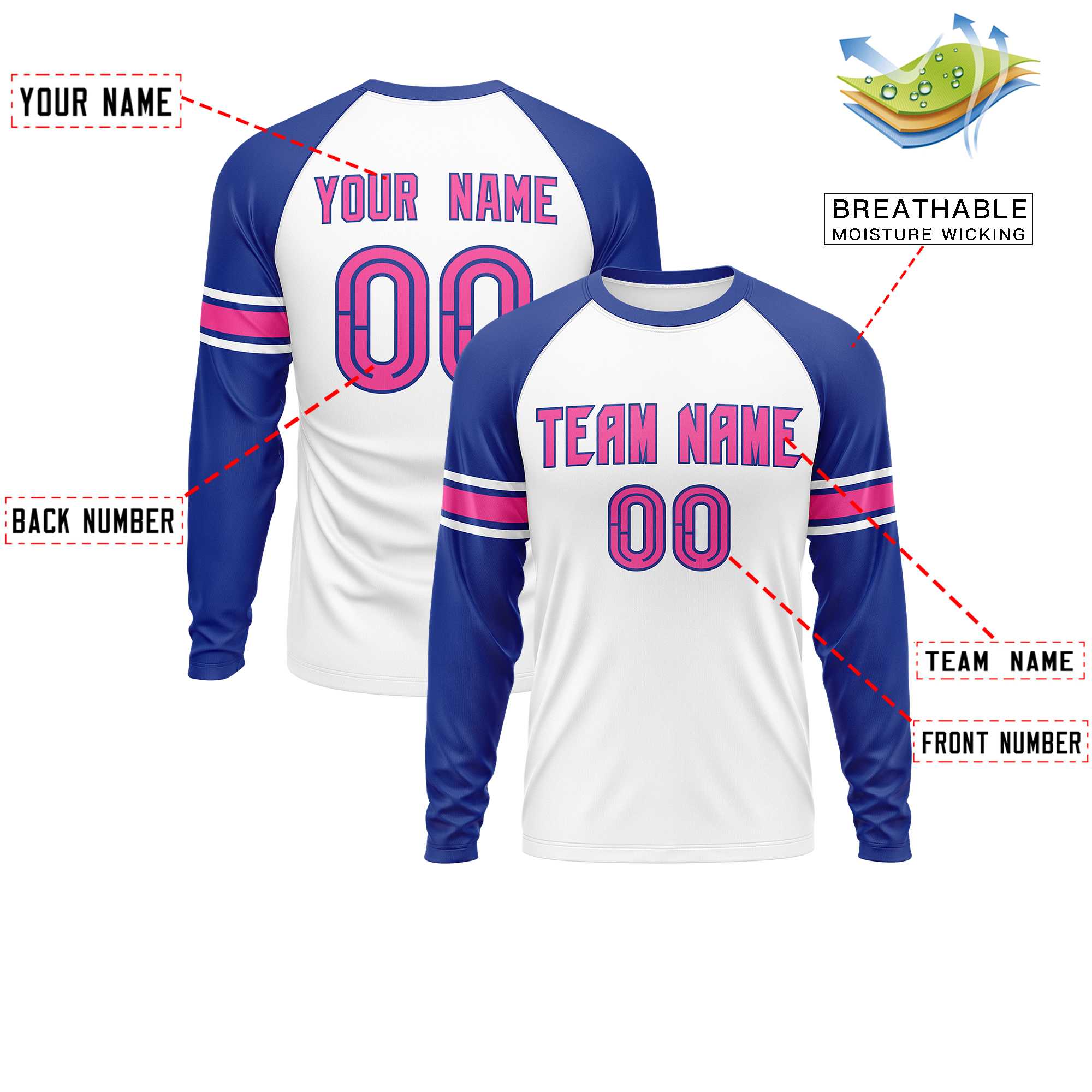 Custom White Royal Pink Crew Neck Personalized Raglan Long Sleeve Performance T-shirt