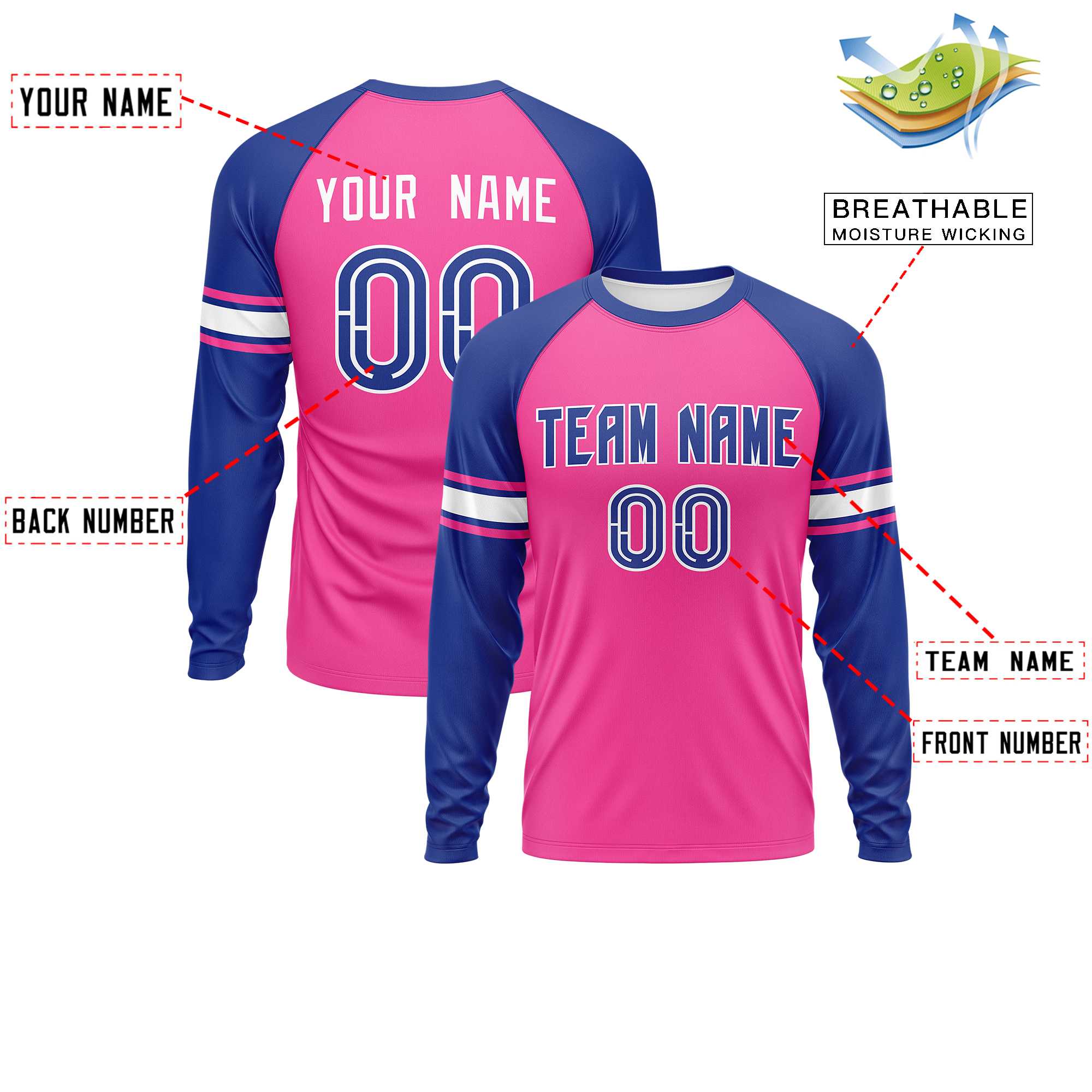 Custom Pink Royal White Crew Neck Personalized Raglan Long Sleeve Performance T-shirt