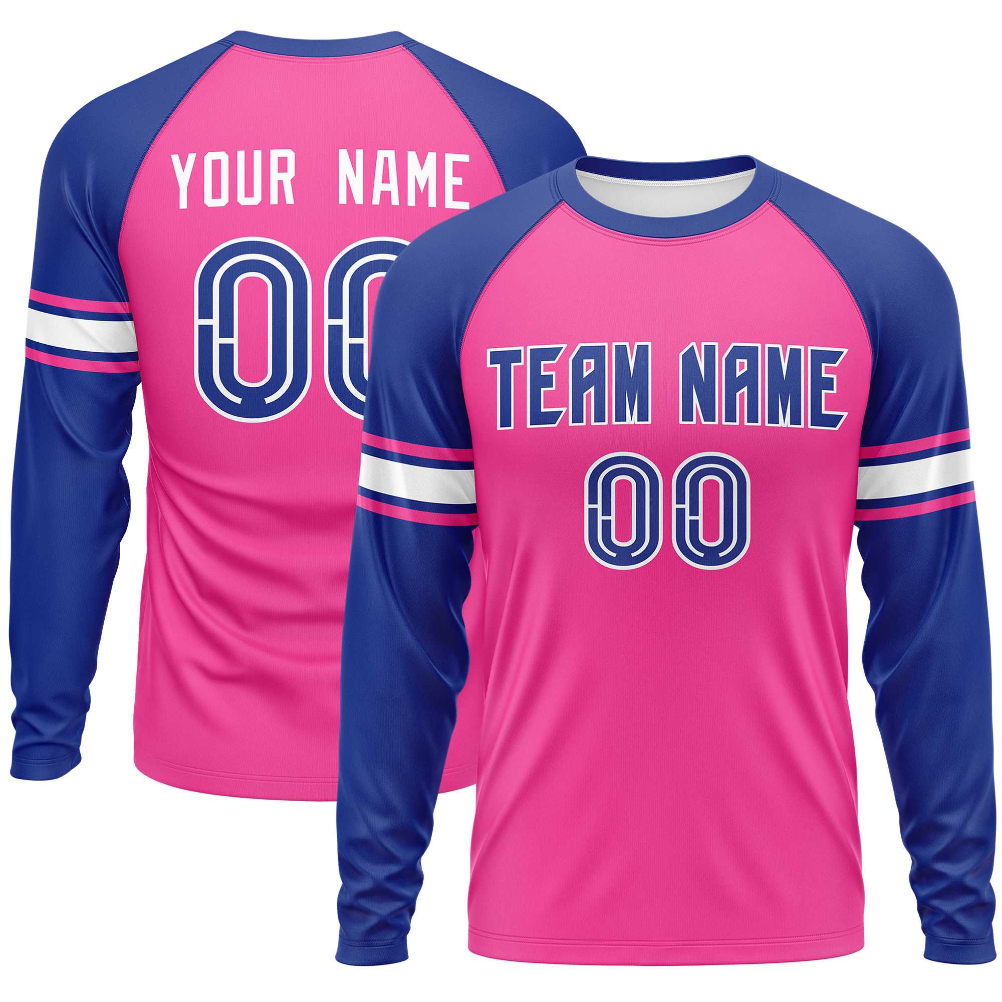 Custom Pink Royal White Crew Neck Personalized Raglan Long Sleeve Performance T-shirt