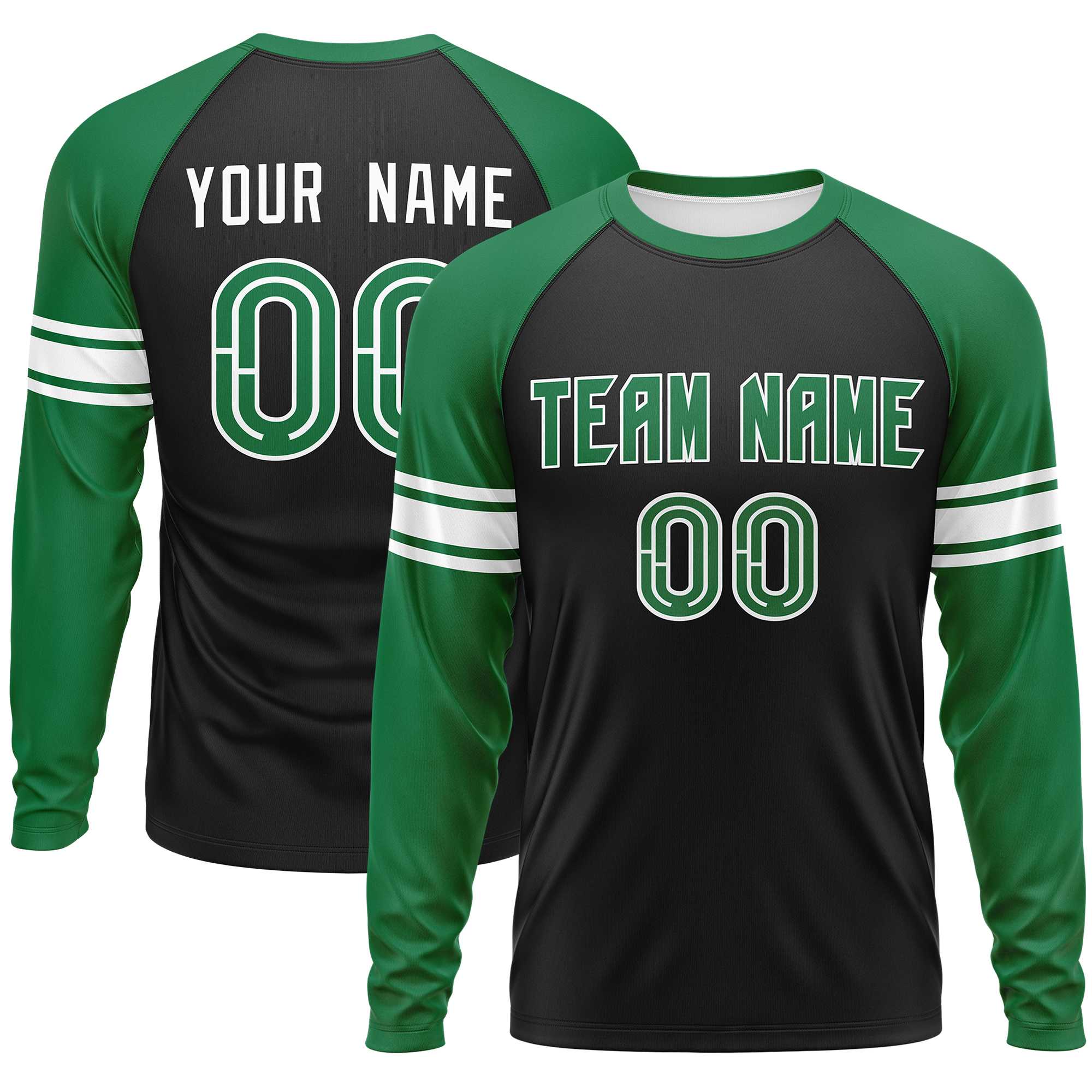 Custom Black Kelly Green White Crew Neck Personalized Raglan Long Sleeve Performance T-shirt