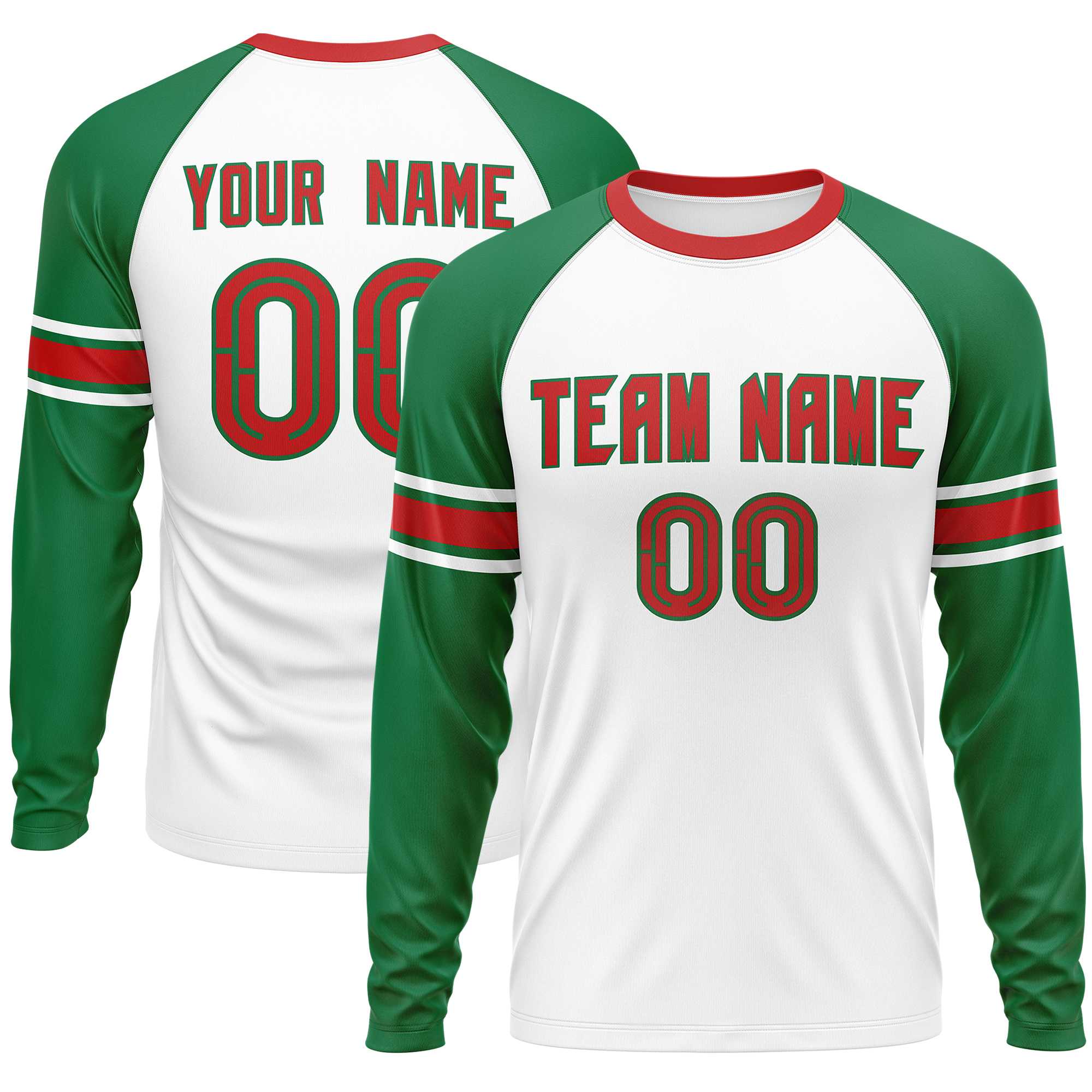 Custom White Kelly Green Red Crew Neck Personalized Raglan Long Sleeve Performance T-shirt