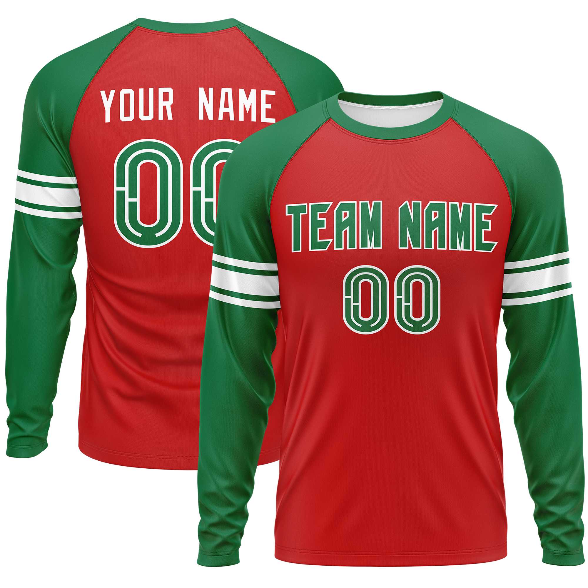 Custom Red Kelly Green White Crew Neck Personalized Raglan Long Sleeve Performance T-shirt