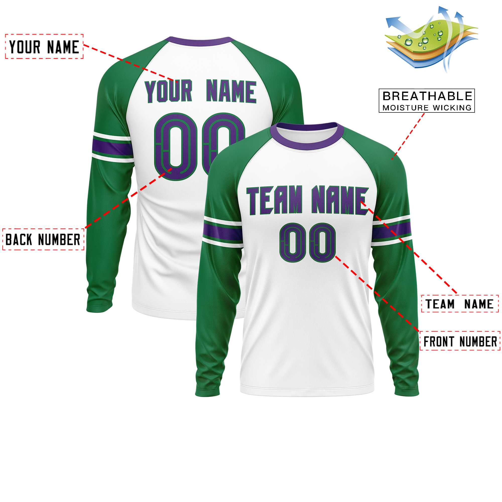 Custom White Kelly Green Purple Crew Neck Personalized Raglan Long Sleeve Performance T-shirt