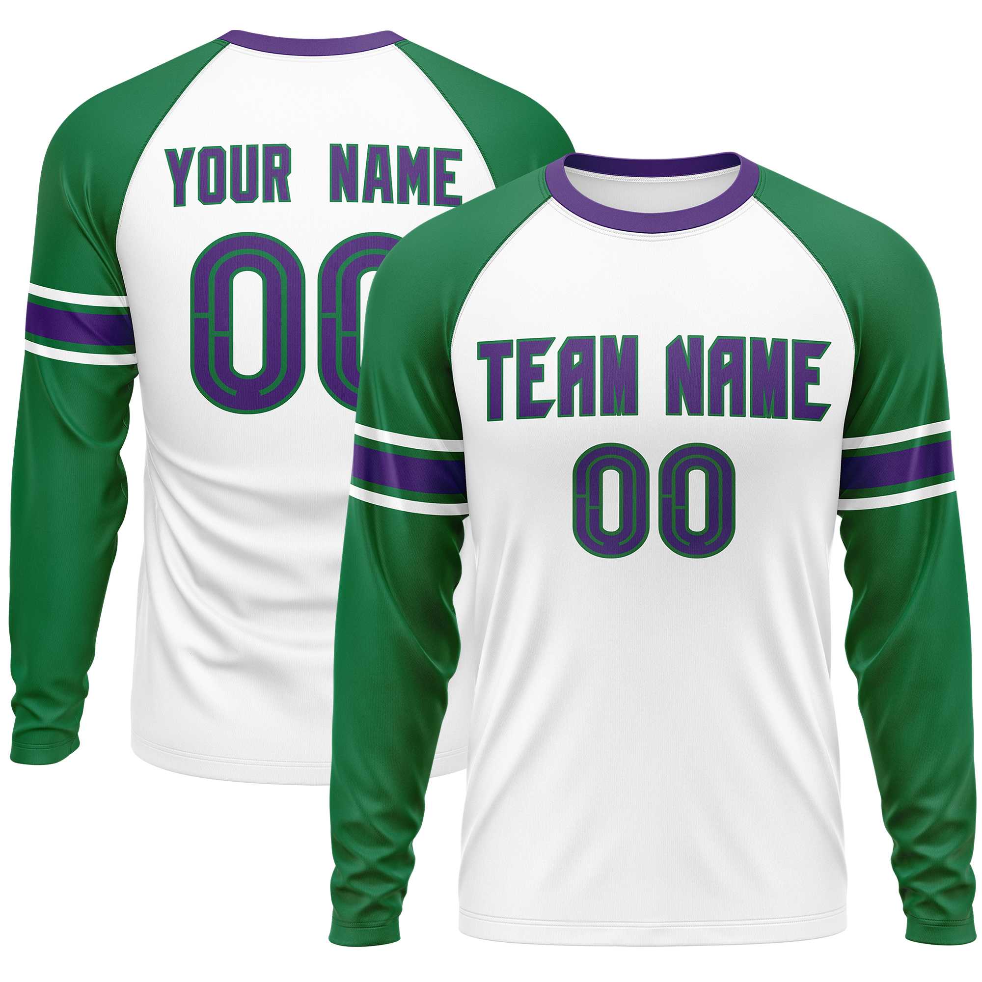 Custom White Kelly Green Purple Crew Neck Personalized Raglan Long Sleeve Performance T-shirt