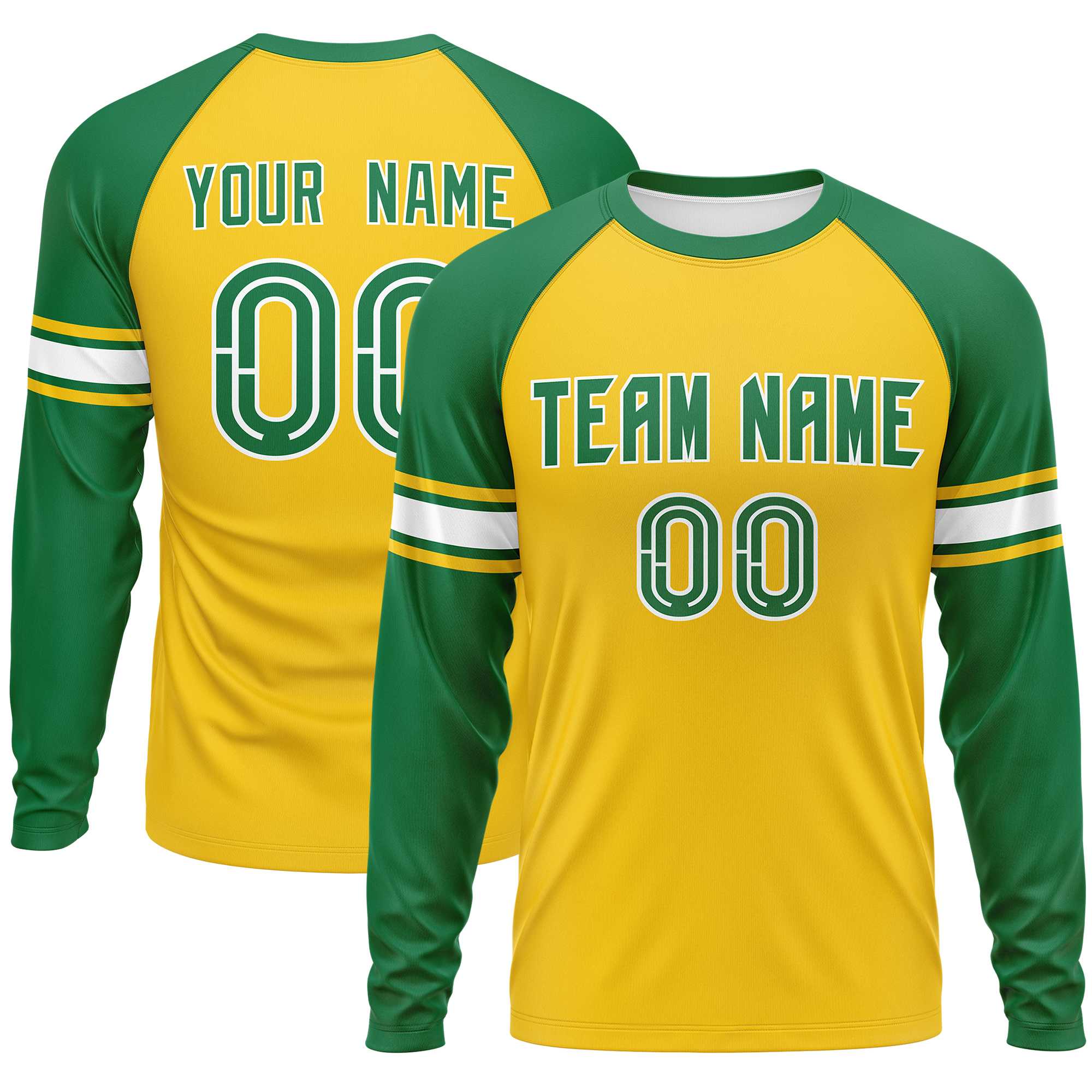 Custom Gold Kelly Green White Crew Neck Personalized Raglan Long Sleeve Performance T-shirt