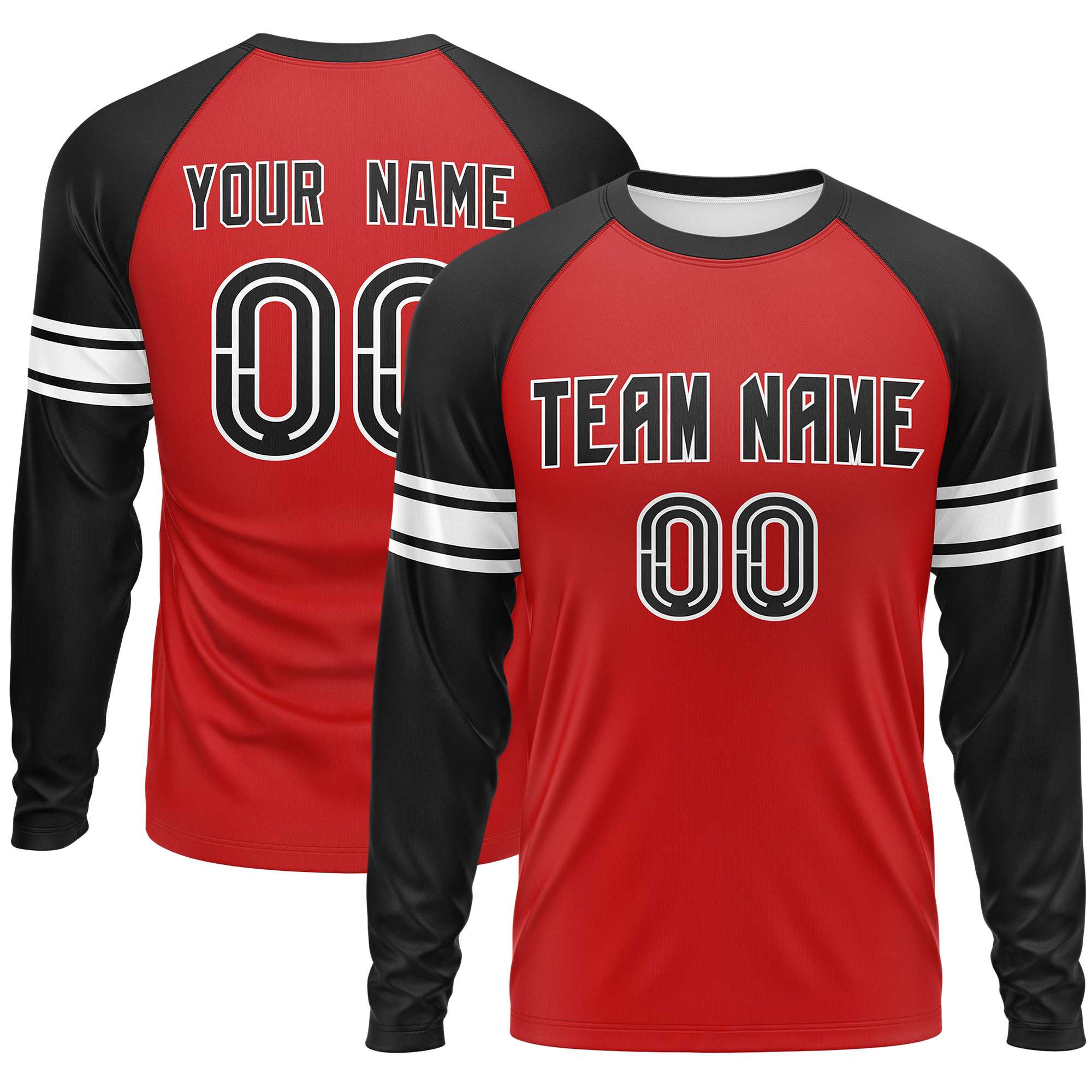 Custom Red Black White Crew Neck Personalized Raglan Long Sleeve Performance T-shirt