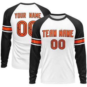 Custom White Black Orange Crew Neck Personalized Raglan Long Sleeve Performance T-shirt