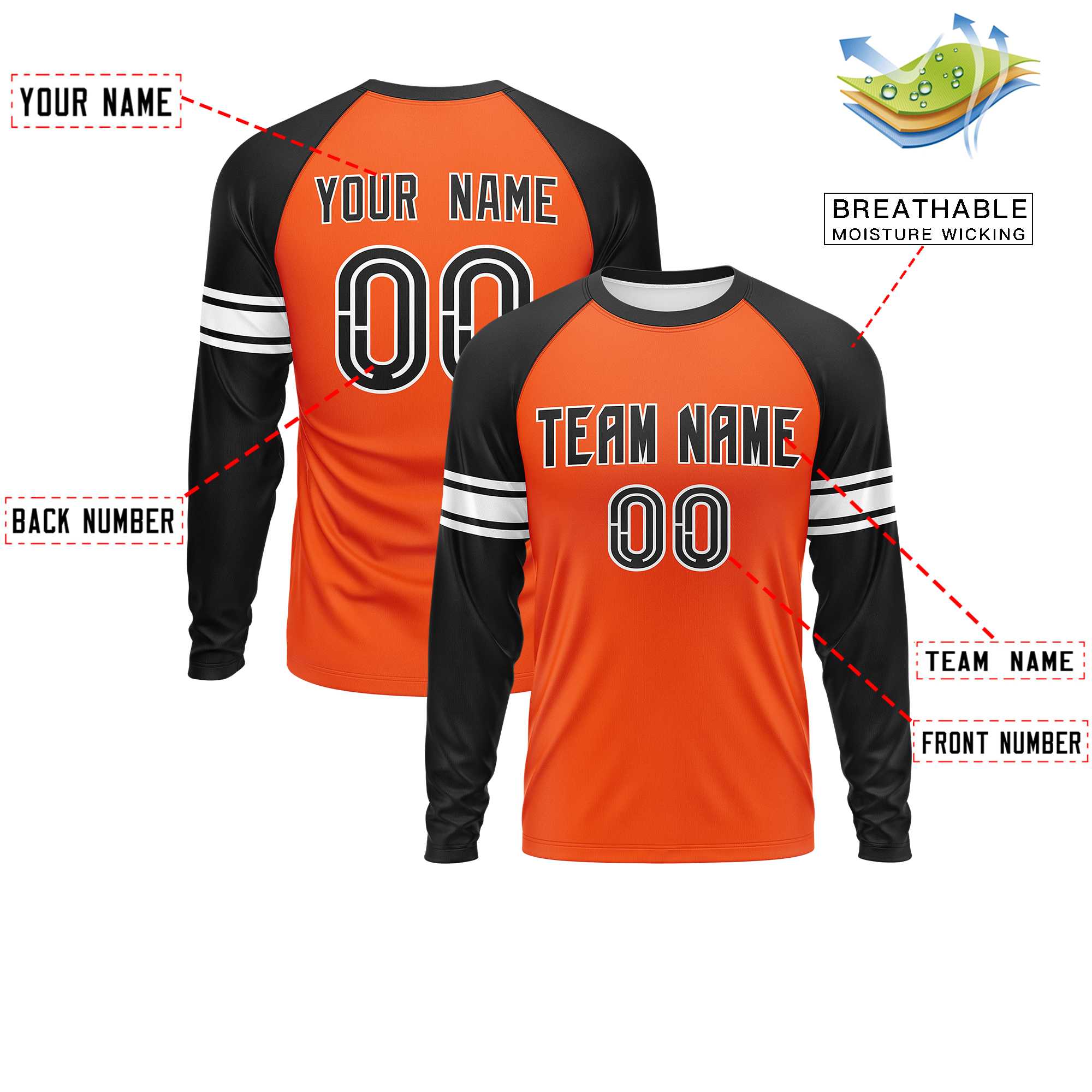 Custom Orange Black White Crew Neck Personalized Raglan Long Sleeve Performance T-shirt