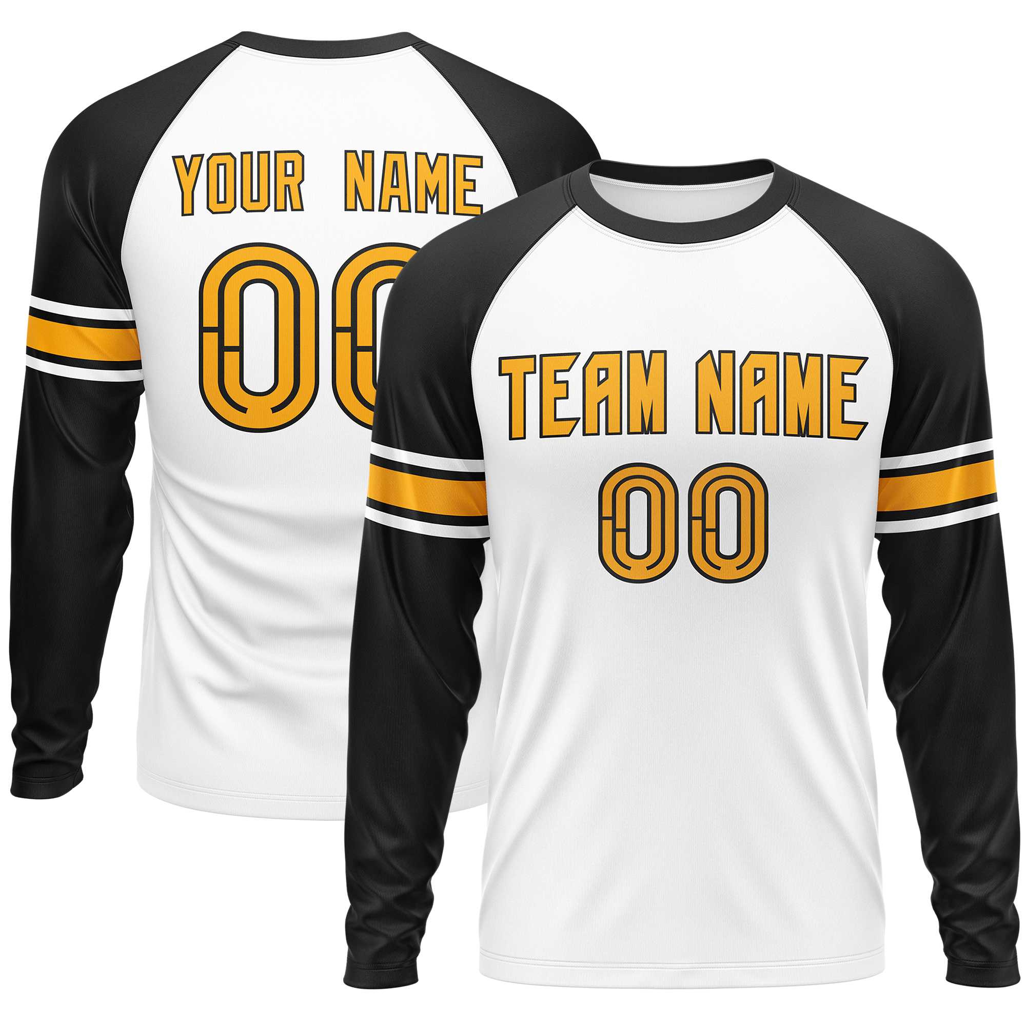 Custom White Black Yellow Crew Neck Personalized Raglan Long Sleeve Performance T-shirt