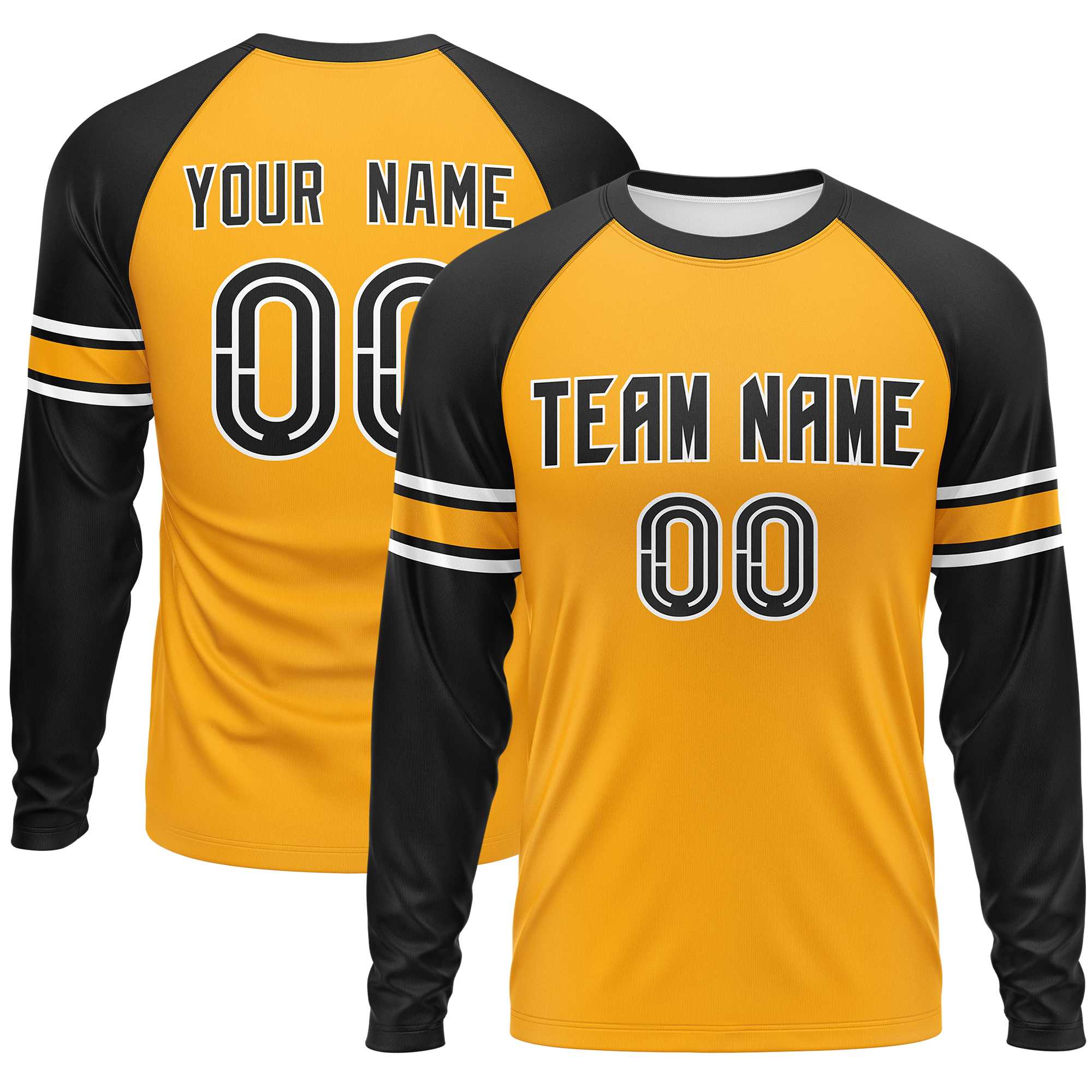 Custom Yellow Black Yellow Crew Neck Personalized Raglan Long Sleeve Performance T-shirt