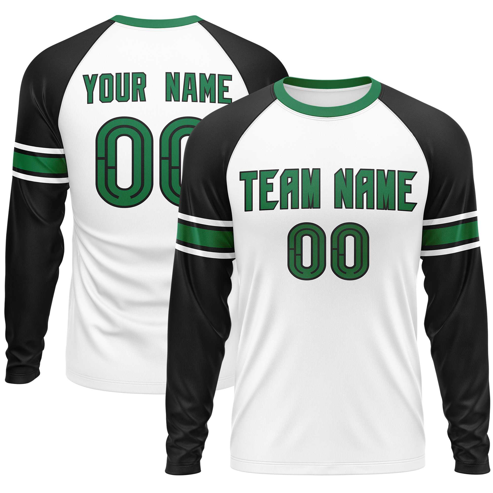 Custom White Black Kelly Green Crew Neck Personalized Raglan Long Sleeve Performance T-shirt