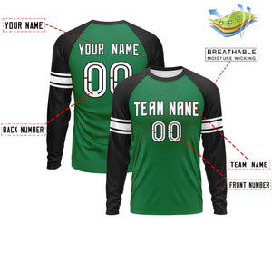 Custom Kelly Green Black White Crew Neck Personalized Raglan Long Sleeve Performance T-shirt