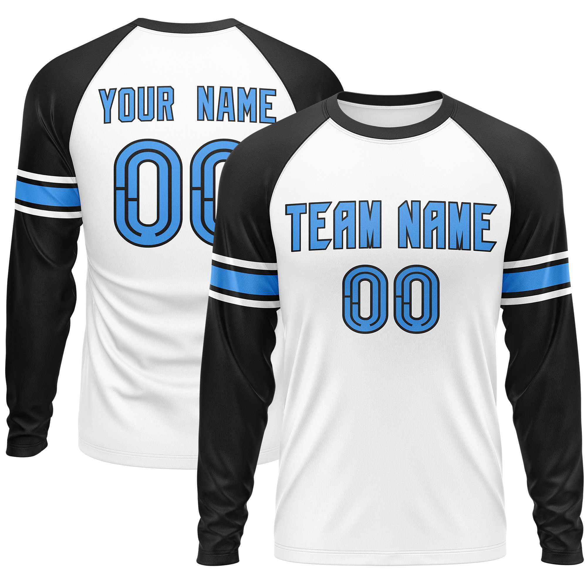 Custom White Black Powder Blue Crew Neck Personalized Raglan Long Sleeve Performance T-shirt