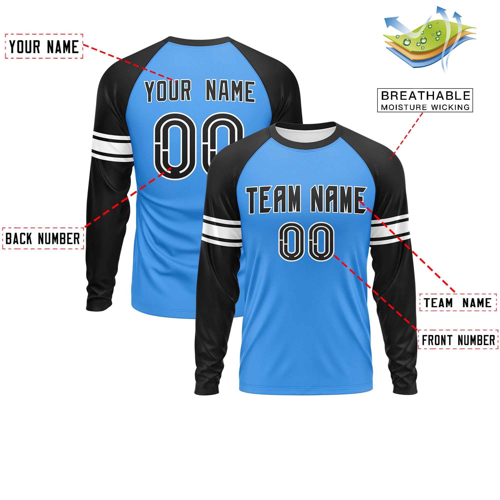 Custom Powder Blue Black White Crew Neck Personalized Raglan Long Sleeve Performance T-shirt