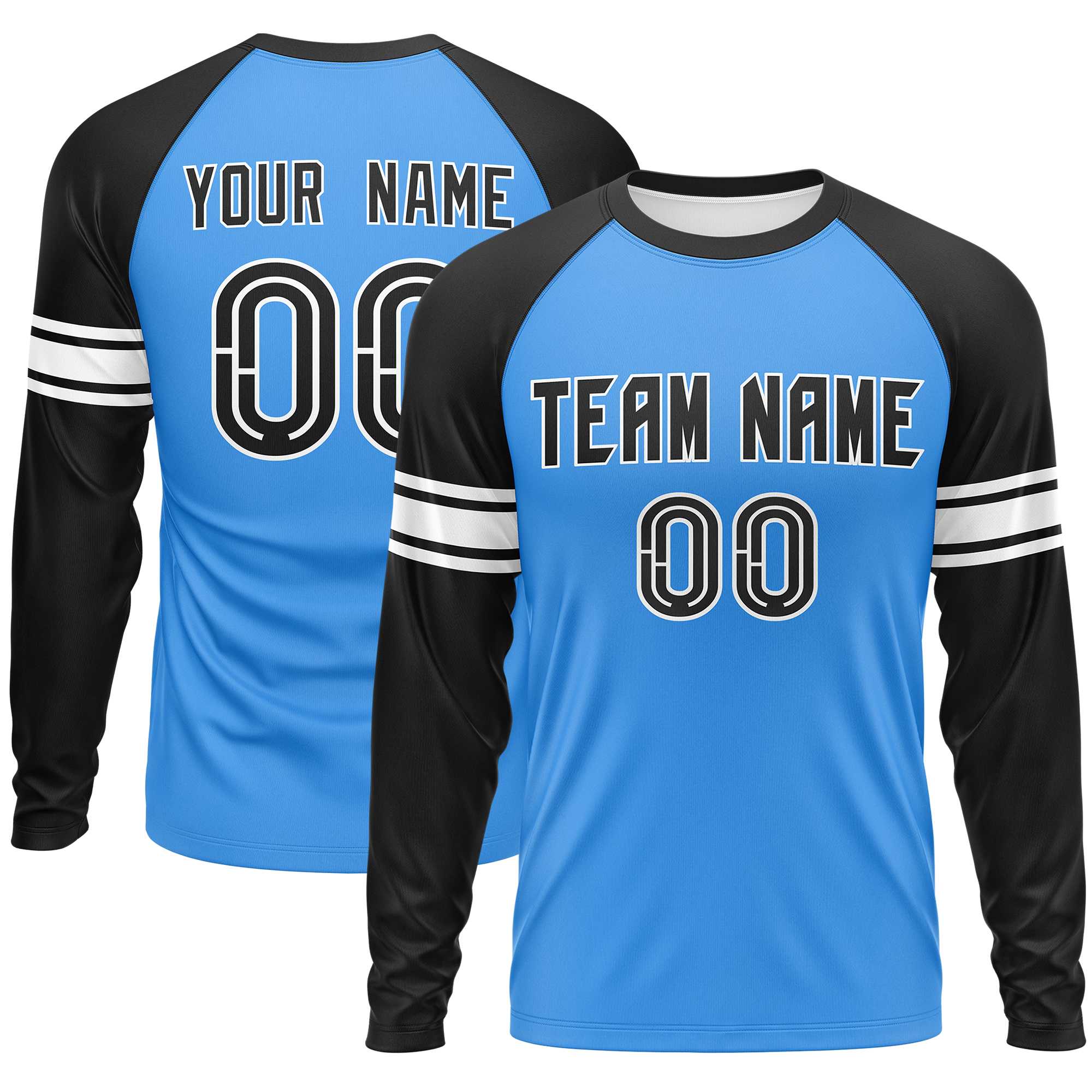 Custom Powder Blue Black White Crew Neck Personalized Raglan Long Sleeve Performance T-shirt