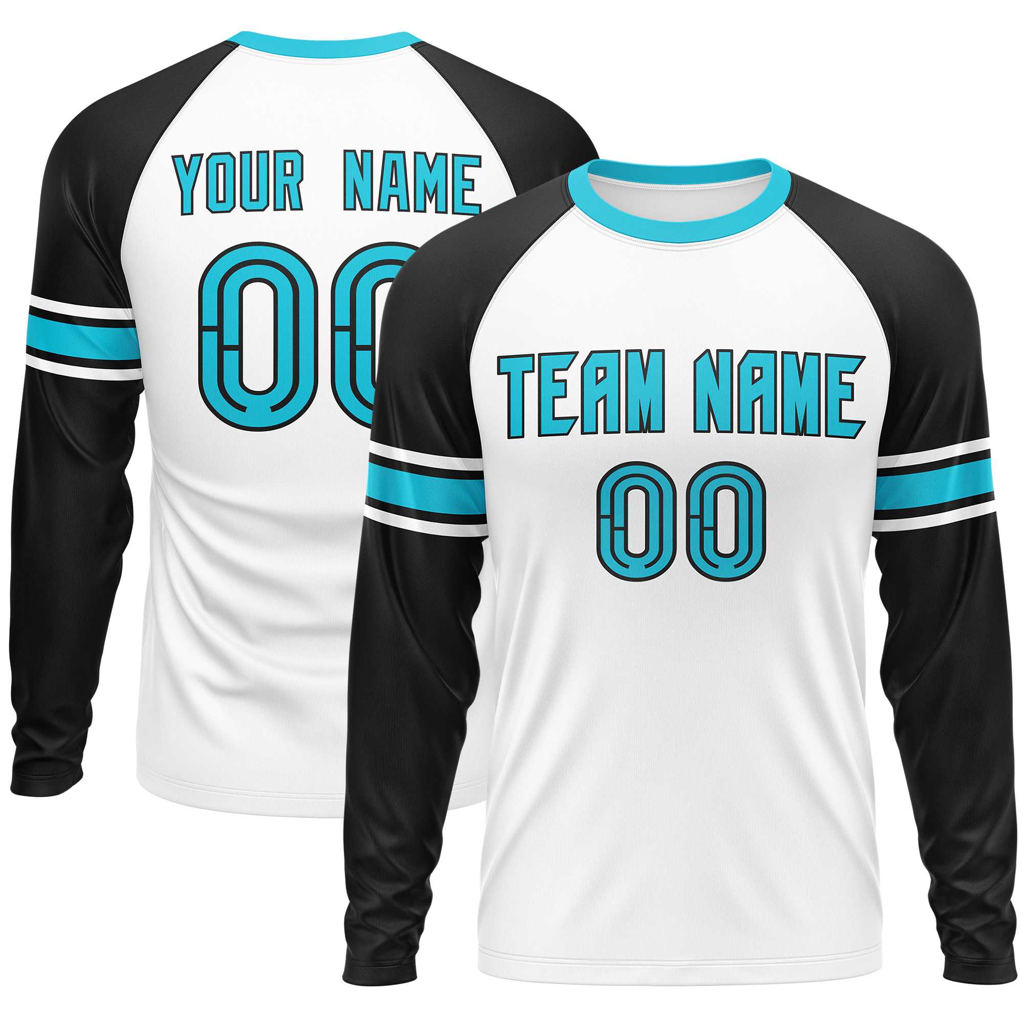 Custom White Black Sky Blue Crew Neck Personalized Raglan Long Sleeve Performance T-shirt