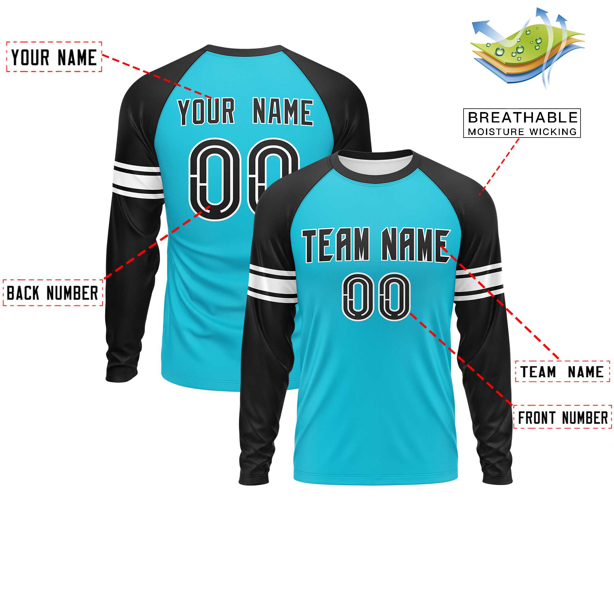 Custom Sky Blue Black White Crew Neck Personalized Raglan Long Sleeve Performance T-shirt