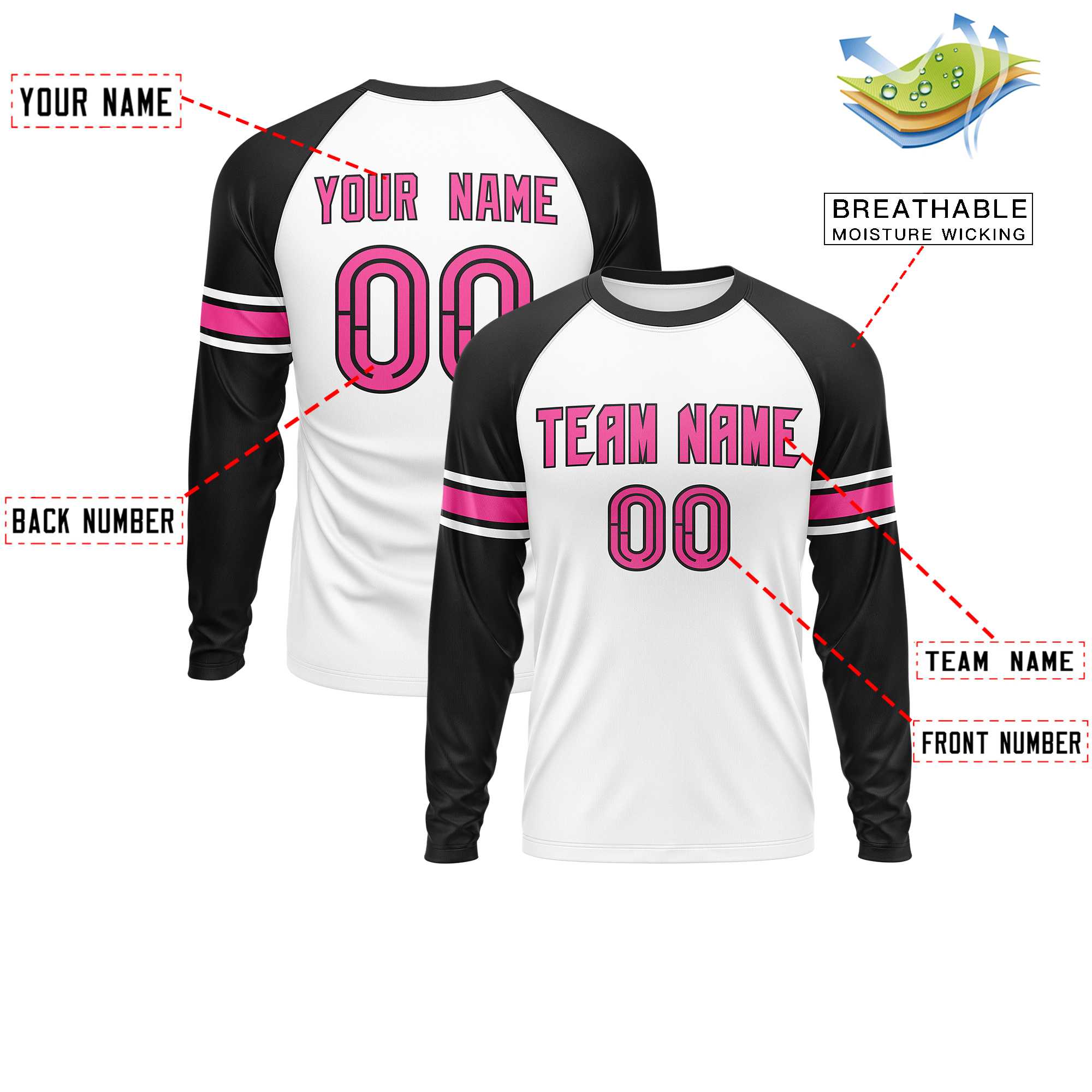 Custom White Black Pink Crew Neck Personalized Raglan Long Sleeve Performance T-shirt