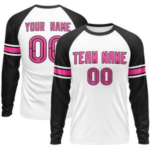 Custom White Black Pink Crew Neck Personalized Raglan Long Sleeve Performance T-shirt