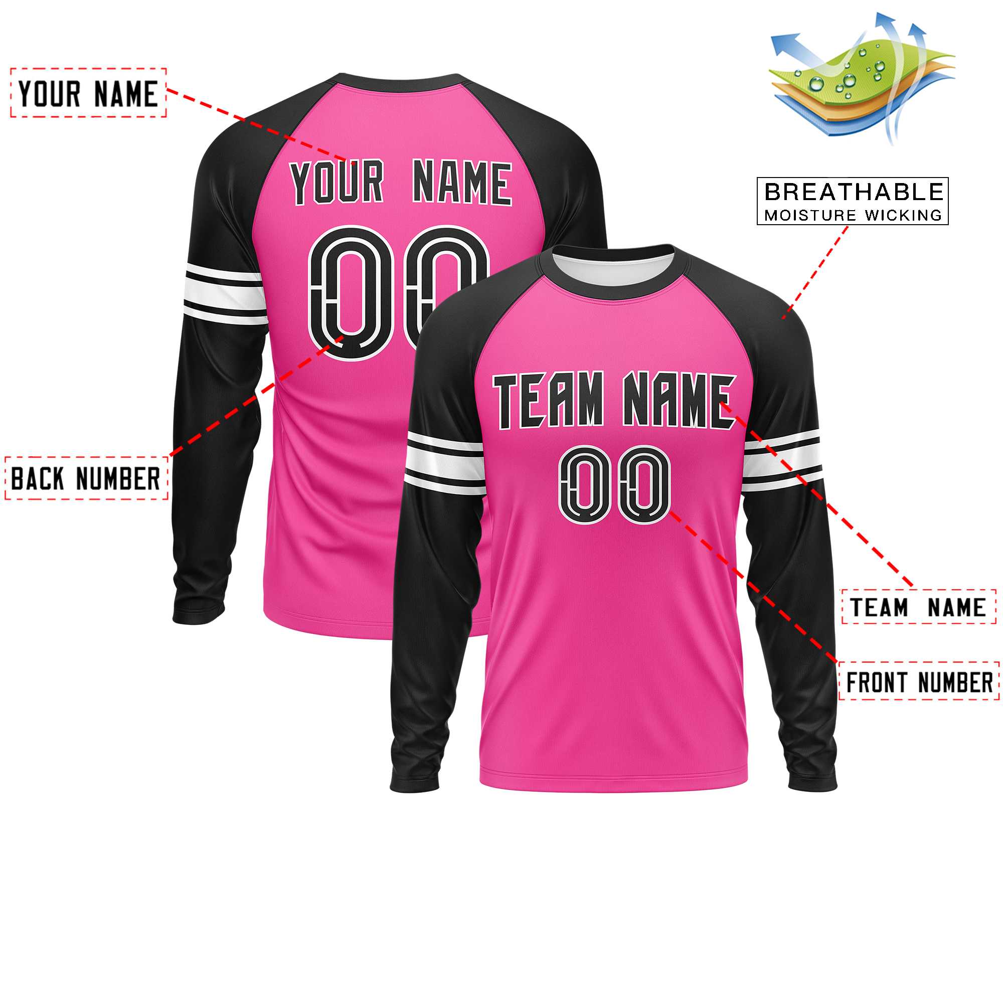 Custom Pink Black White Crew Neck Personalized Raglan Long Sleeve Performance T-shirt