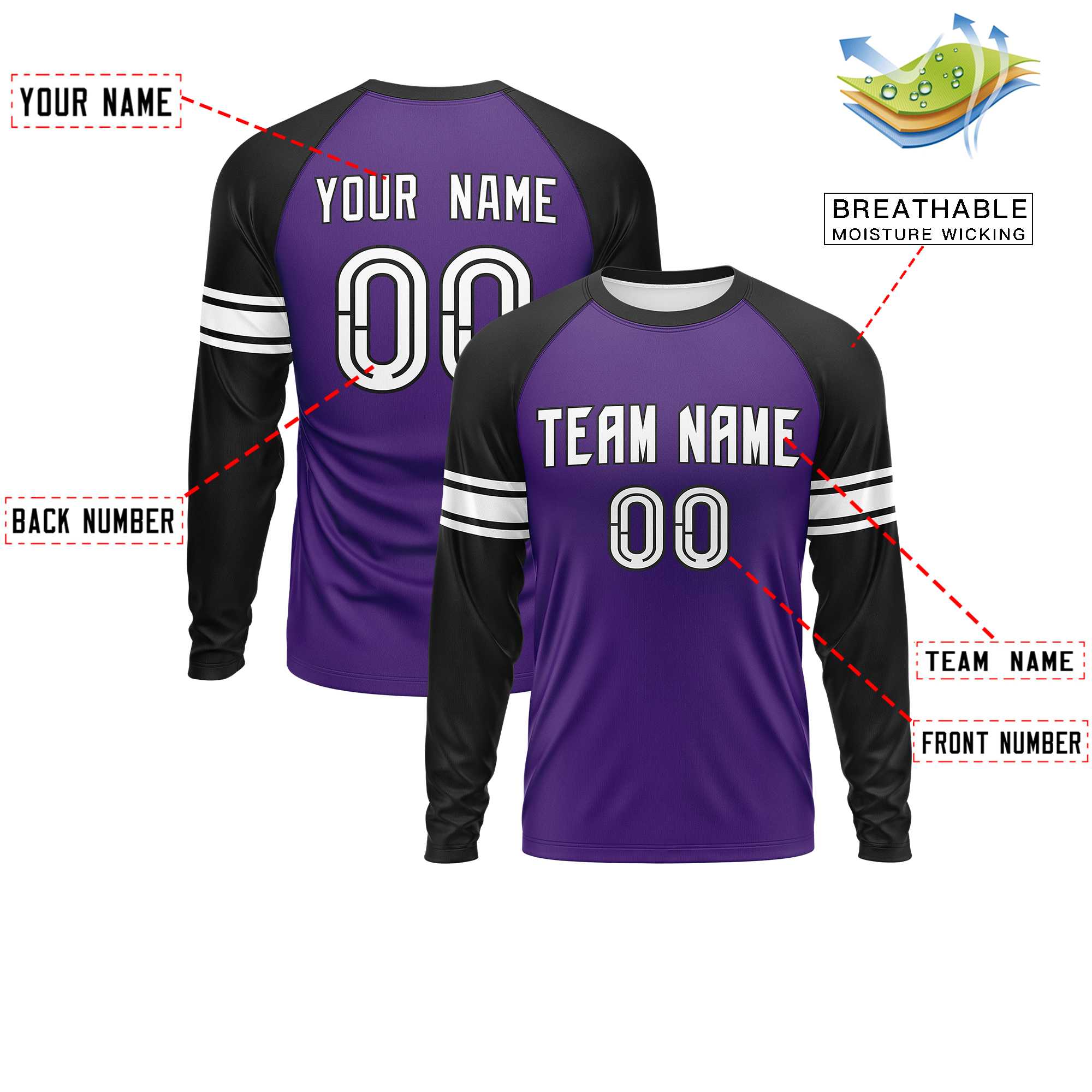 Custom Purple Black White Crew Neck Personalized Raglan Long Sleeve Performance T-shirt