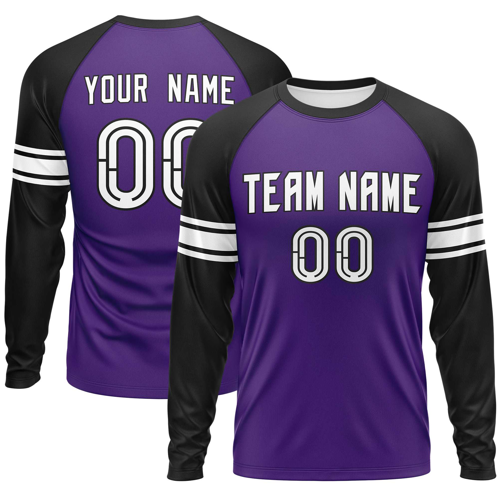 Custom Purple Black White Crew Neck Personalized Raglan Long Sleeve Performance T-shirt