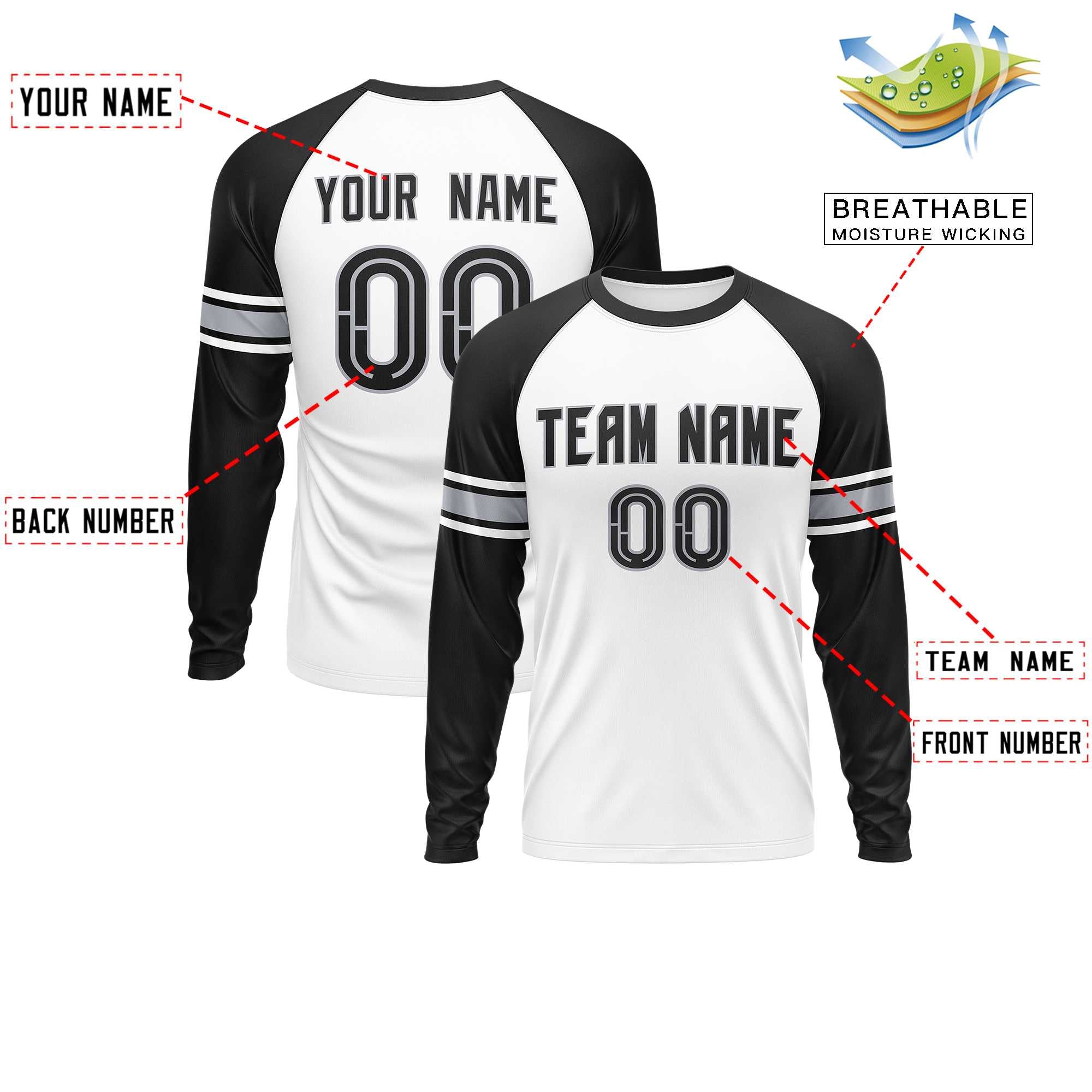 Custom White Black Gray Crew Neck Personalized Raglan Long Sleeve Performance T-shirt