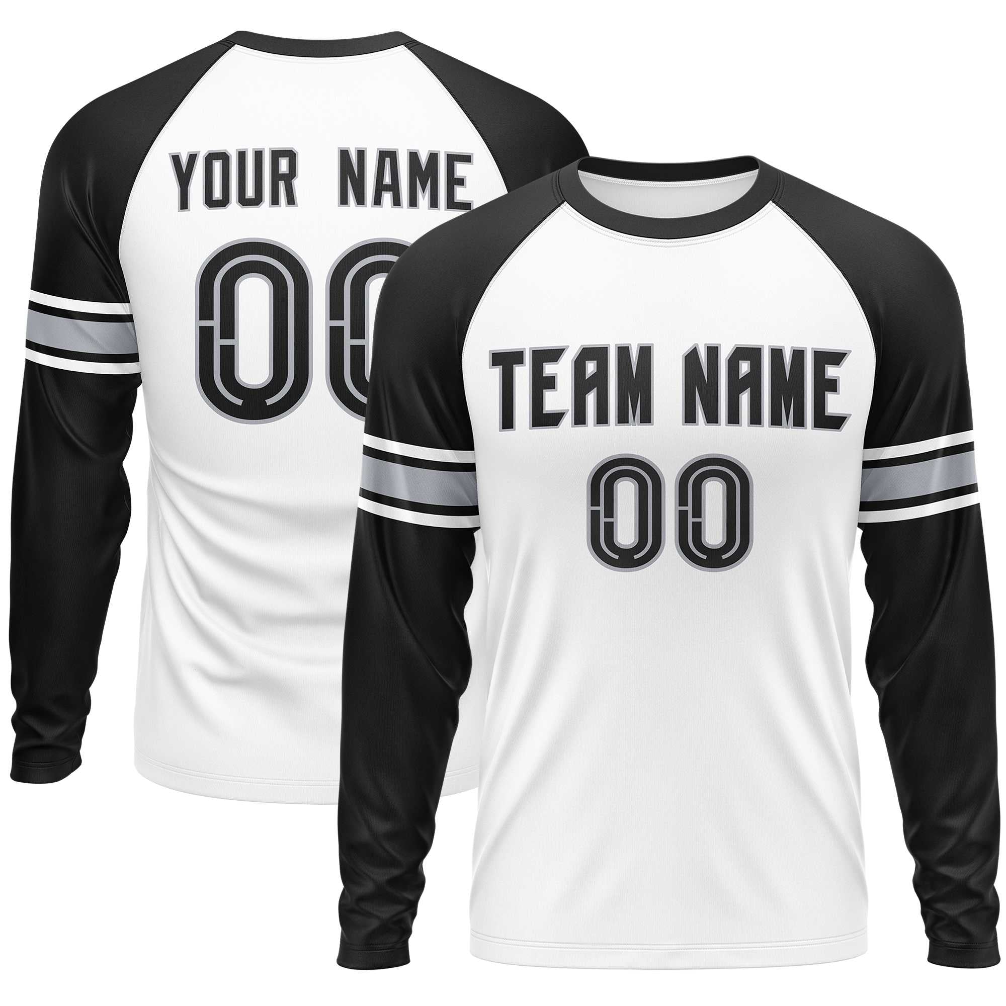 Custom White Black Gray Crew Neck Personalized Raglan Long Sleeve Performance T-shirt