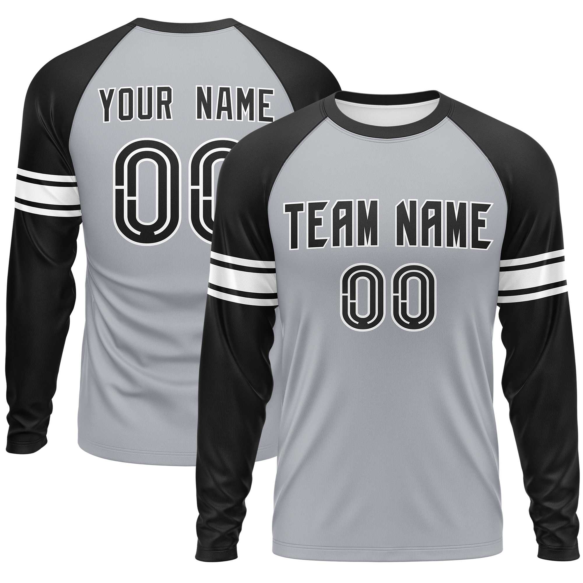 Custom Gray Black White Crew Neck Personalized Raglan Long Sleeve Performance T-shirt