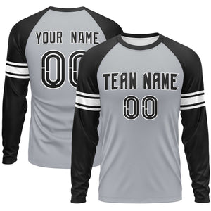 Custom Gray Black White Crew Neck Personalized Raglan Long Sleeve Performance T-shirt