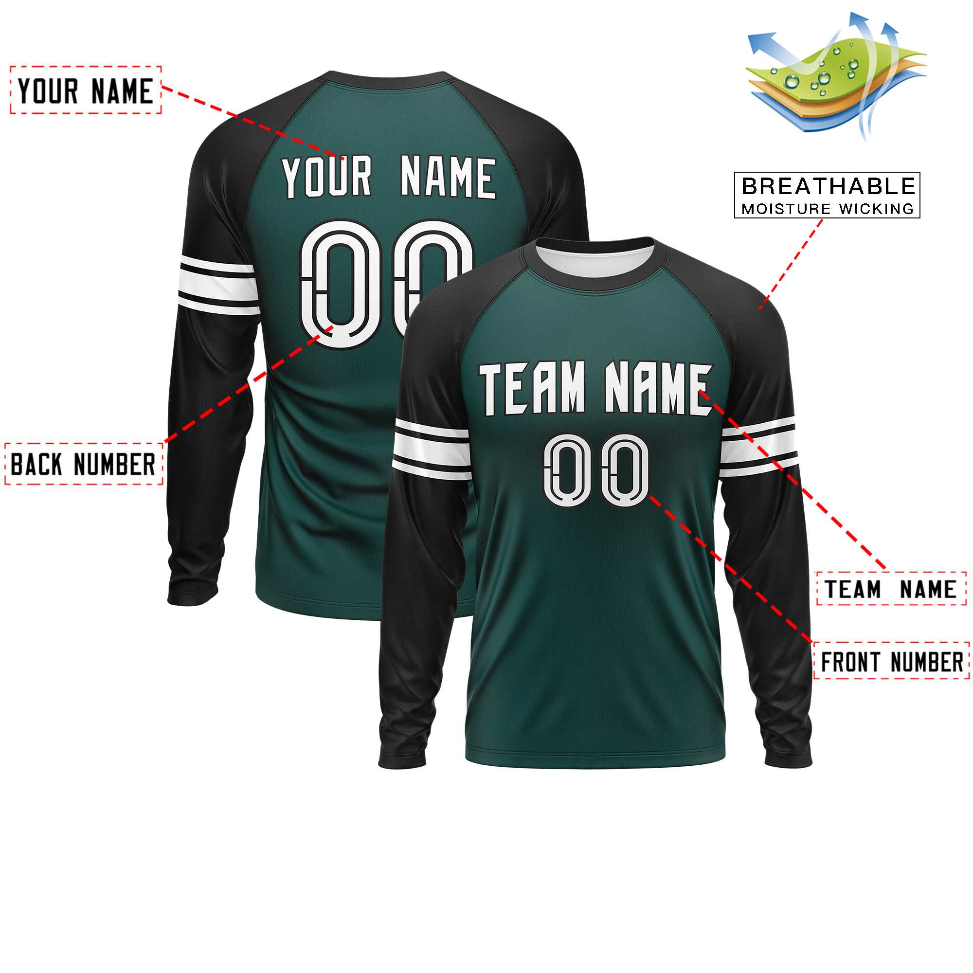 Custom Midnight Green Black White Crew Neck Personalized Raglan Long Sleeve Performance T-shirt