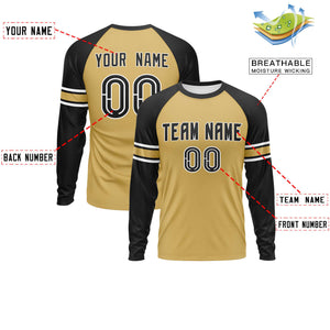 Custom Old Gold Black White Crew Neck Personalized Raglan Long Sleeve Performance T-shirt