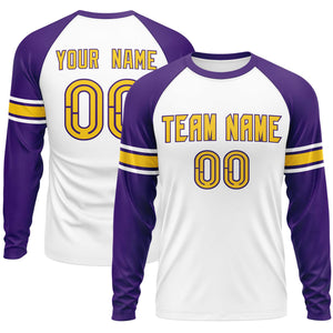 Custom White Purple Gold Crew Neck Personalized Raglan Long Sleeve Performance T-shirt