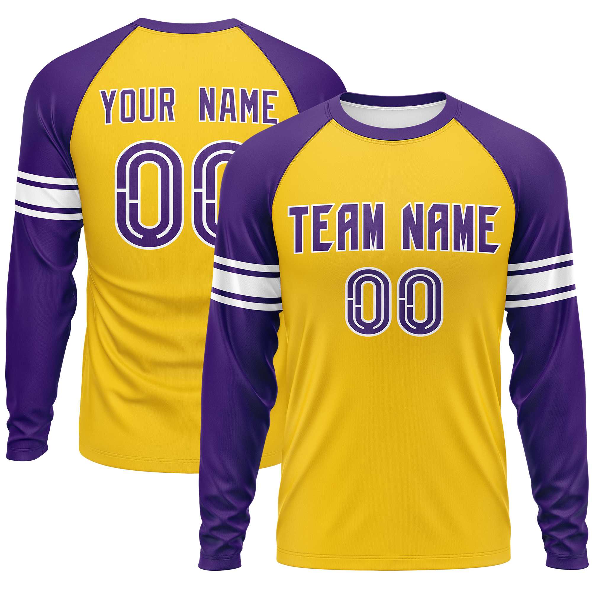 Custom Gold Purple White Crew Neck Personalized Raglan Long Sleeve Performance T-shirt