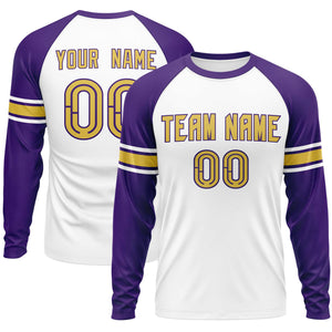 Custom White Purple Old Gold Crew Neck Personalized Raglan Long Sleeve Performance T-shirt