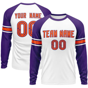 Custom White Purple Orange Crew Neck Personalized Raglan Long Sleeve Performance T-shirt