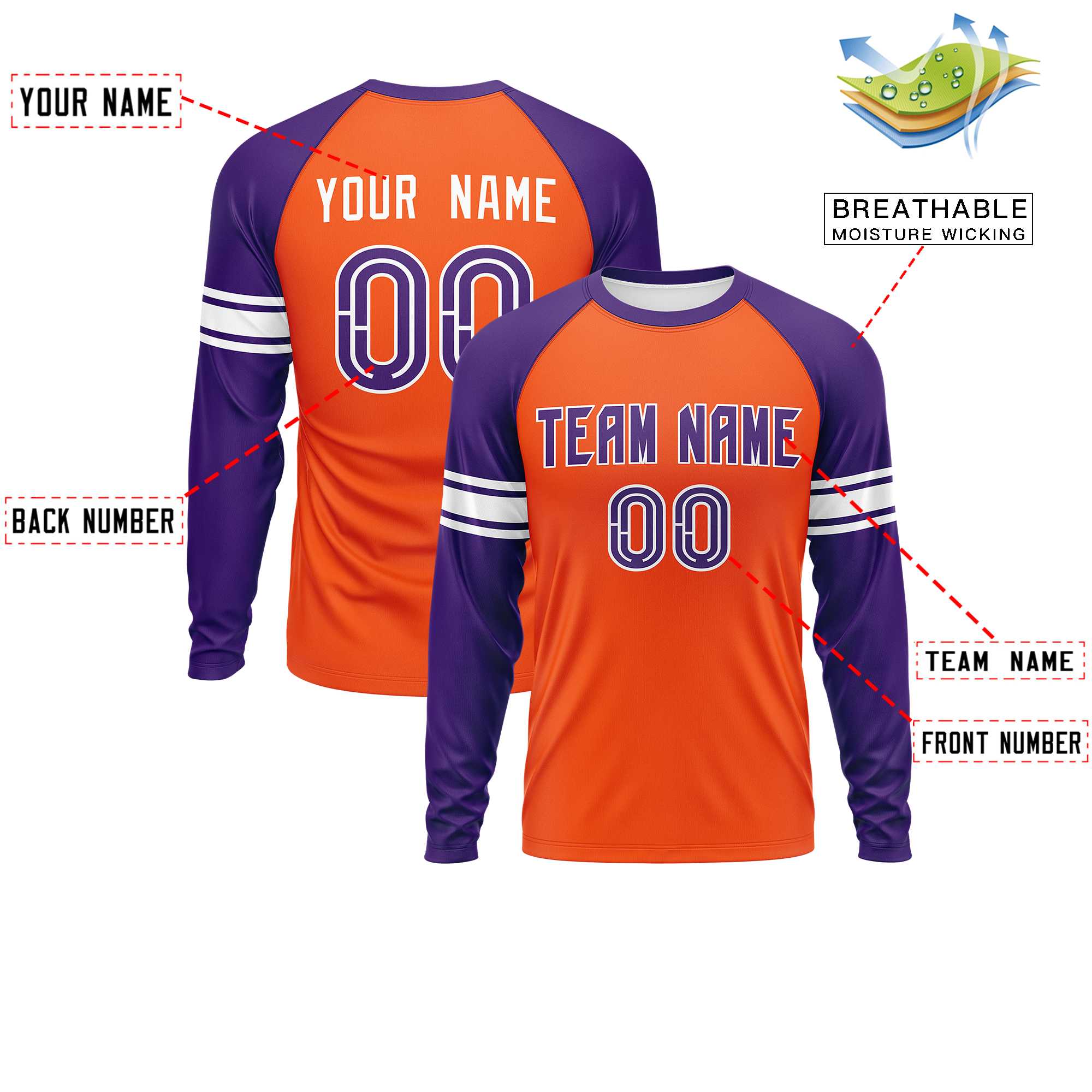 Custom Orange Purple White Crew Neck Personalized Raglan Long Sleeve Performance T-shirt