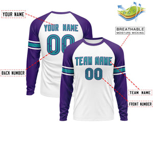 Custom White Purple Aqua Crew Neck Personalized Raglan Long Sleeve Performance T-shirt