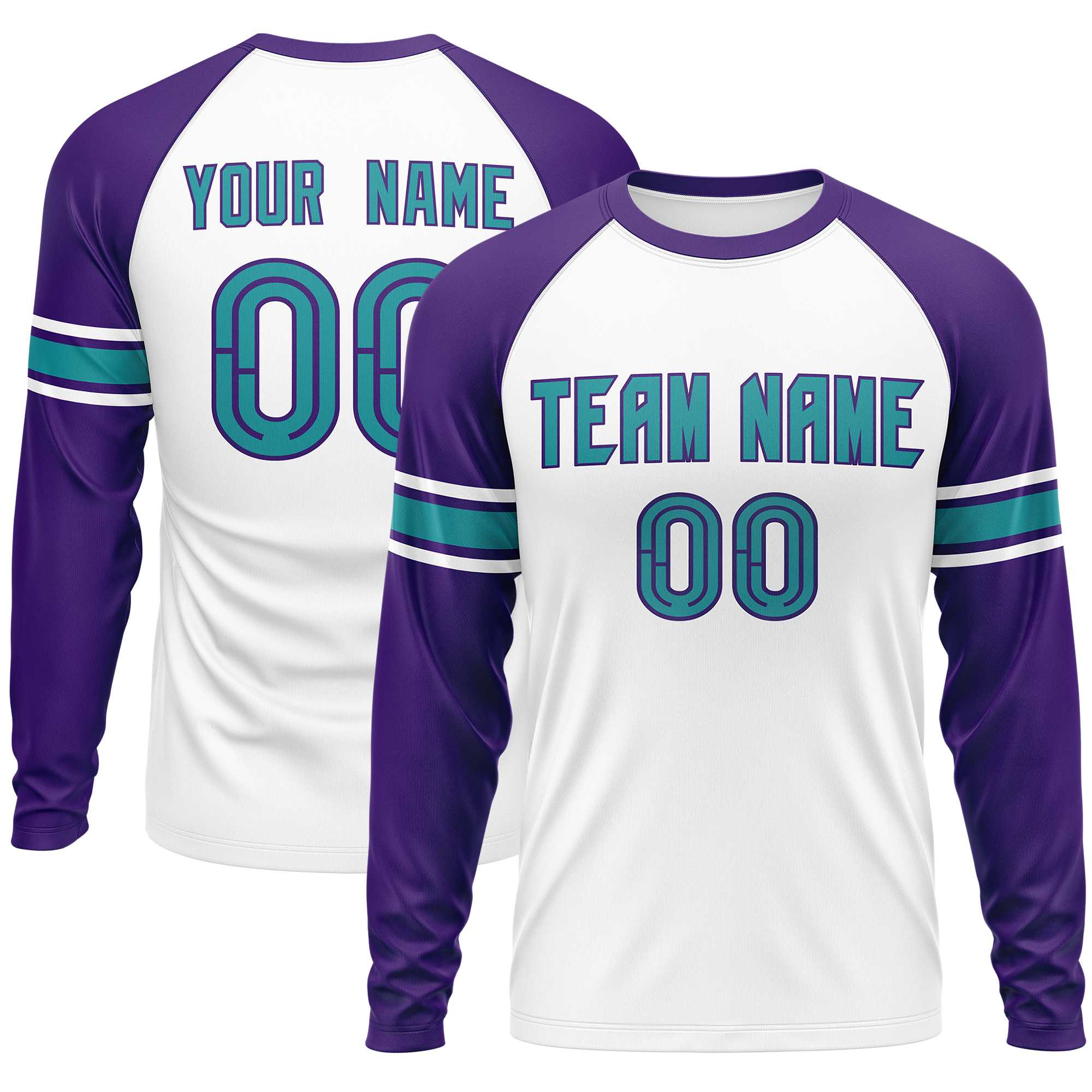 Custom White Purple Aqua Crew Neck Personalized Raglan Long Sleeve Performance T-shirt