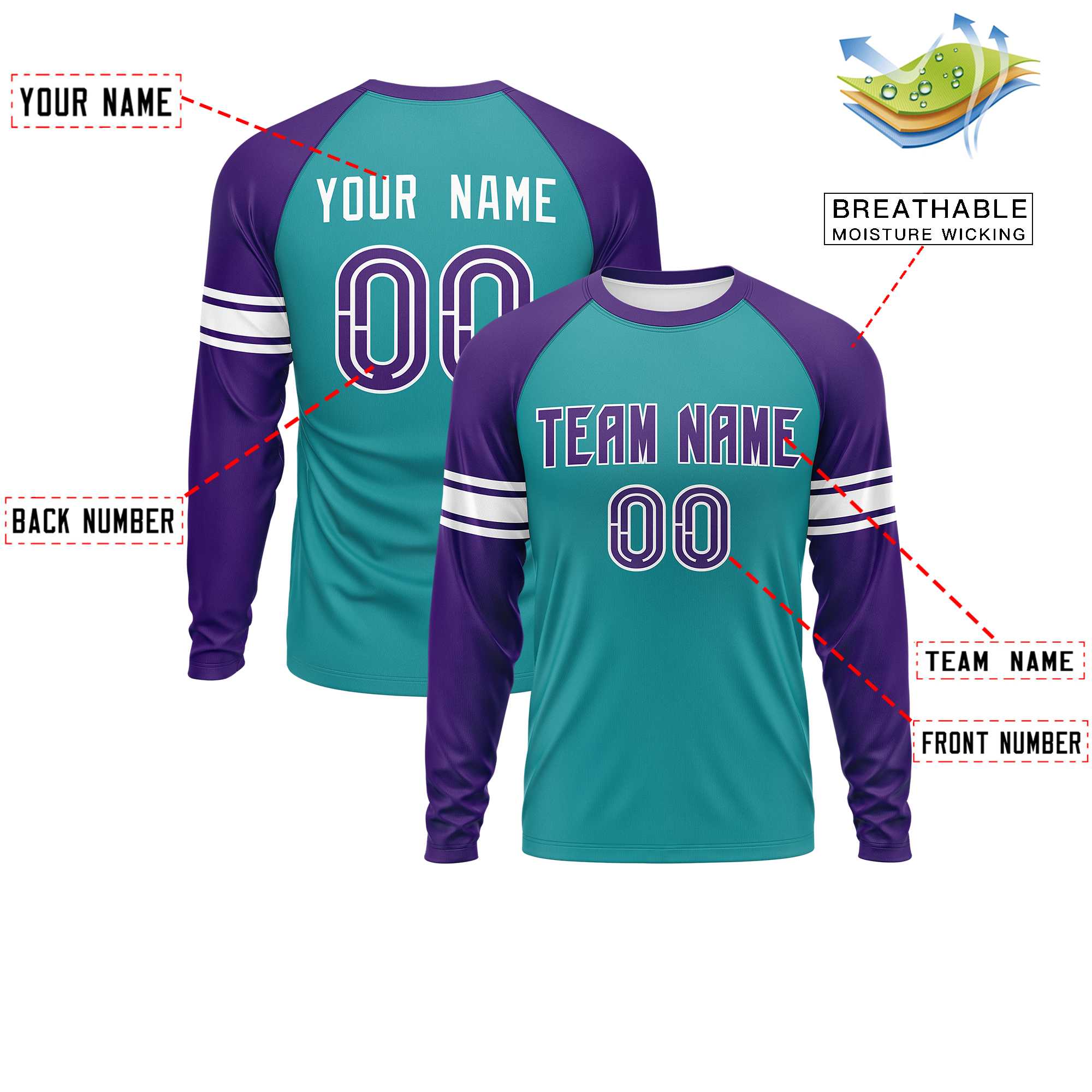 Custom Aqua Purple White Crew Neck Personalized Raglan Long Sleeve Performance T-shirt