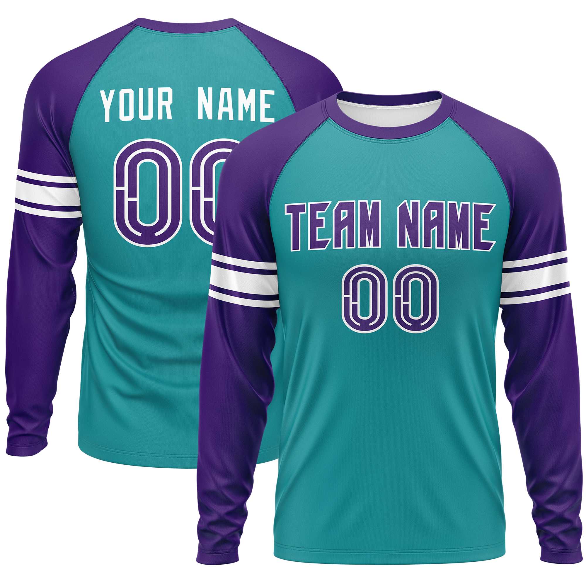 Custom Aqua Purple White Crew Neck Personalized Raglan Long Sleeve Performance T-shirt