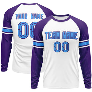 Custom White Purple Powder Blue Crew Neck Personalized Raglan Long Sleeve Performance T-shirt