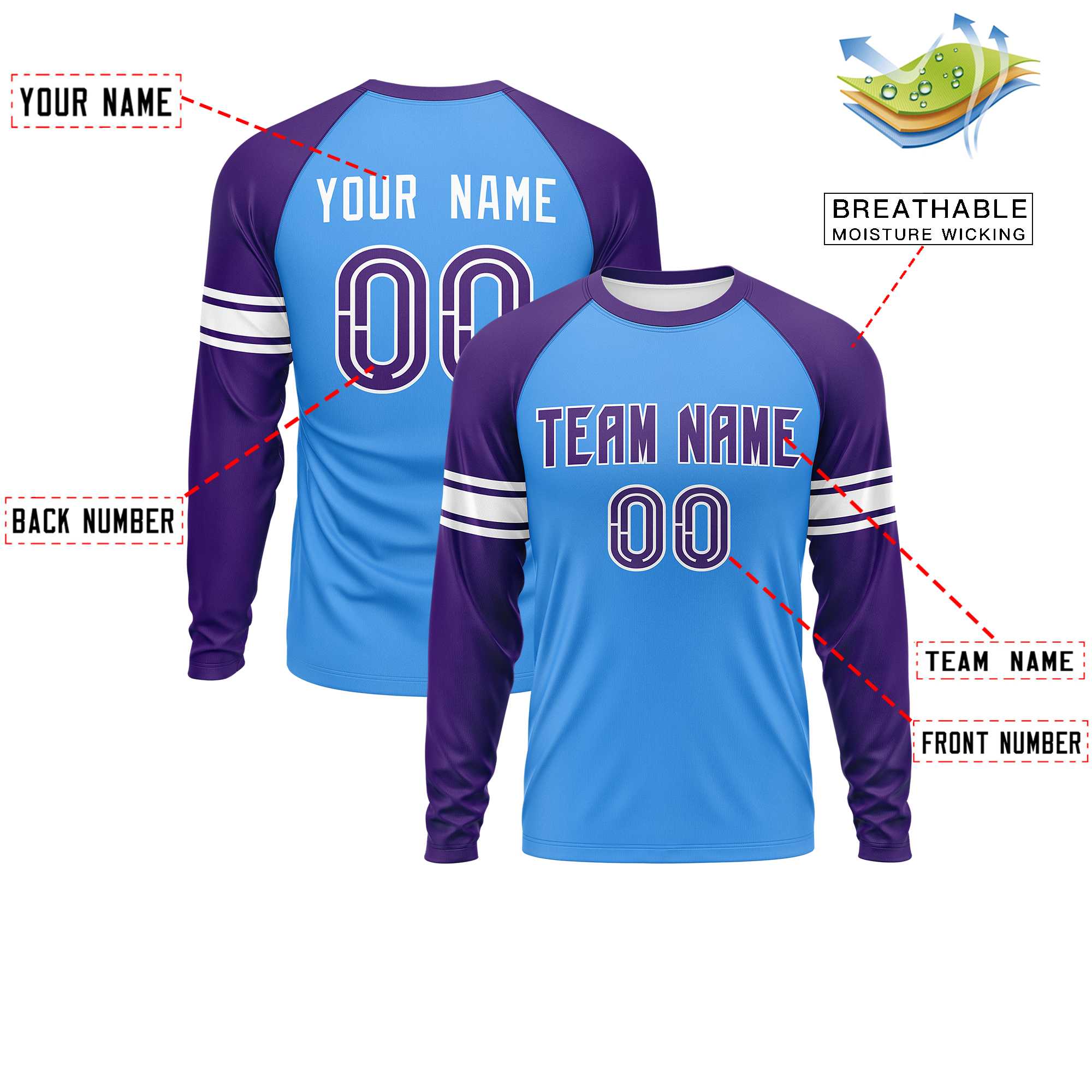 Custom Powder Blue Purple White Crew Neck Personalized Raglan Long Sleeve Performance T-shirt