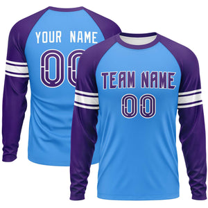 Custom Powder Blue Purple White Crew Neck Personalized Raglan Long Sleeve Performance T-shirt